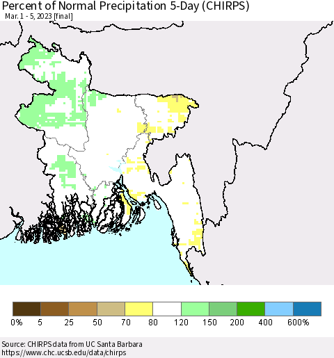 Bangladesh Percent of Normal Precipitation 5-Day (CHIRPS) Thematic Map For 3/1/2023 - 3/5/2023