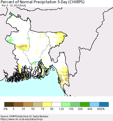 Bangladesh Percent of Normal Precipitation 5-Day (CHIRPS) Thematic Map For 3/6/2023 - 3/10/2023