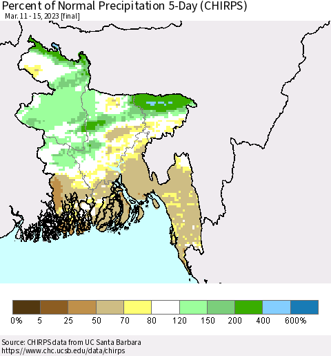 Bangladesh Percent of Normal Precipitation 5-Day (CHIRPS) Thematic Map For 3/11/2023 - 3/15/2023