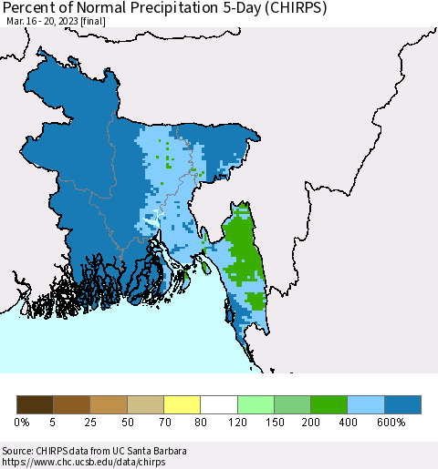 Bangladesh Percent of Normal Precipitation 5-Day (CHIRPS) Thematic Map For 3/16/2023 - 3/20/2023