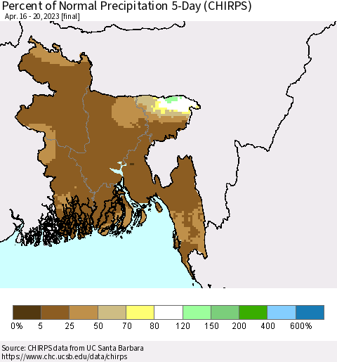 Bangladesh Percent of Normal Precipitation 5-Day (CHIRPS) Thematic Map For 4/16/2023 - 4/20/2023