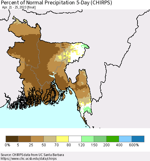 Bangladesh Percent of Normal Precipitation 5-Day (CHIRPS) Thematic Map For 4/21/2023 - 4/25/2023