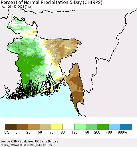 Bangladesh Percent of Normal Precipitation 5-Day (CHIRPS) Thematic Map For 4/26/2023 - 4/30/2023