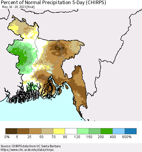 Bangladesh Percent of Normal Precipitation 5-Day (CHIRPS) Thematic Map For 5/16/2023 - 5/20/2023
