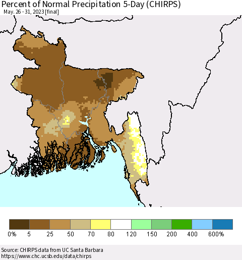 Bangladesh Percent of Normal Precipitation 5-Day (CHIRPS) Thematic Map For 5/26/2023 - 5/31/2023