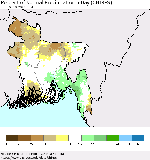 Bangladesh Percent of Normal Precipitation 5-Day (CHIRPS) Thematic Map For 6/6/2023 - 6/10/2023