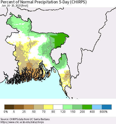 Bangladesh Percent of Normal Precipitation 5-Day (CHIRPS) Thematic Map For 6/16/2023 - 6/20/2023