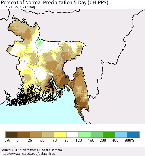 Bangladesh Percent of Normal Precipitation 5-Day (CHIRPS) Thematic Map For 6/21/2023 - 6/25/2023