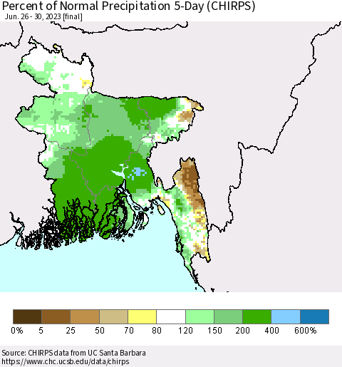 Bangladesh Percent of Normal Precipitation 5-Day (CHIRPS) Thematic Map For 6/26/2023 - 6/30/2023
