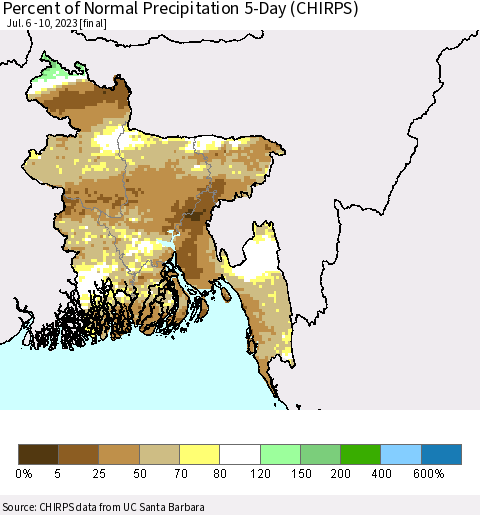 Bangladesh Percent of Normal Precipitation 5-Day (CHIRPS) Thematic Map For 7/6/2023 - 7/10/2023
