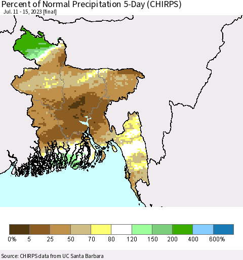 Bangladesh Percent of Normal Precipitation 5-Day (CHIRPS) Thematic Map For 7/11/2023 - 7/15/2023