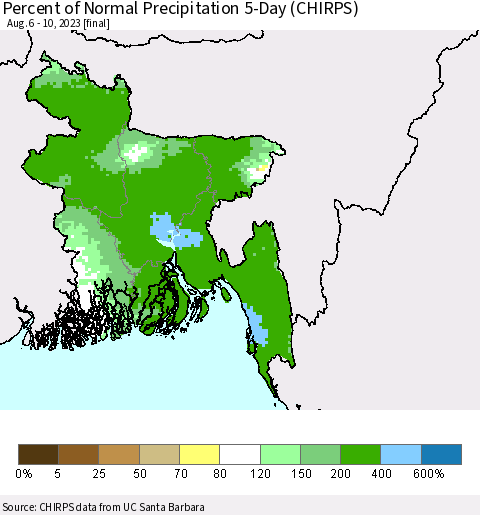 Bangladesh Percent of Normal Precipitation 5-Day (CHIRPS) Thematic Map For 8/6/2023 - 8/10/2023