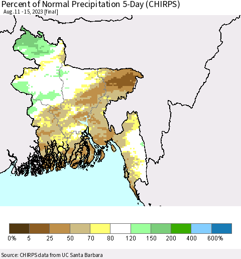 Bangladesh Percent of Normal Precipitation 5-Day (CHIRPS) Thematic Map For 8/11/2023 - 8/15/2023