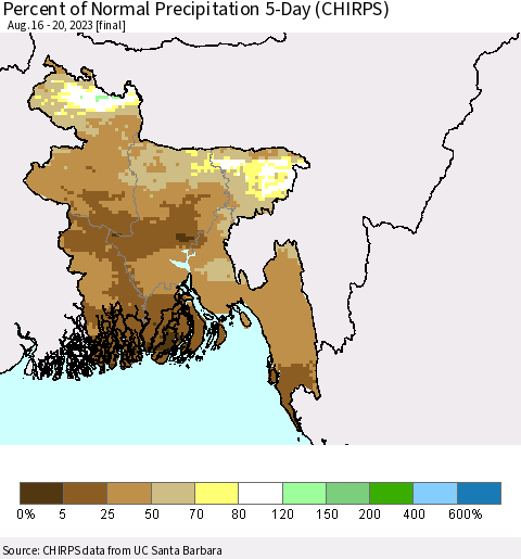 Bangladesh Percent of Normal Precipitation 5-Day (CHIRPS) Thematic Map For 8/16/2023 - 8/20/2023