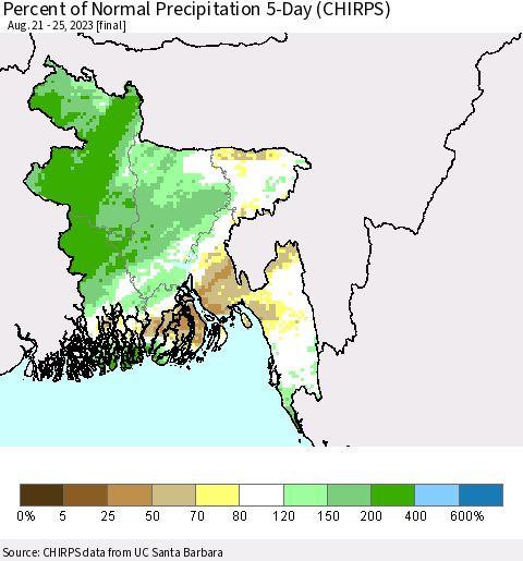 Bangladesh Percent of Normal Precipitation 5-Day (CHIRPS) Thematic Map For 8/21/2023 - 8/25/2023