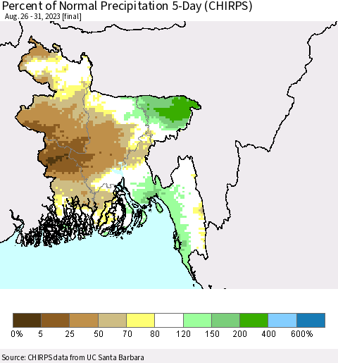 Bangladesh Percent of Normal Precipitation 5-Day (CHIRPS) Thematic Map For 8/26/2023 - 8/31/2023