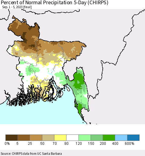 Bangladesh Percent of Normal Precipitation 5-Day (CHIRPS) Thematic Map For 9/1/2023 - 9/5/2023