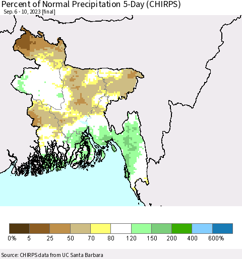 Bangladesh Percent of Normal Precipitation 5-Day (CHIRPS) Thematic Map For 9/6/2023 - 9/10/2023