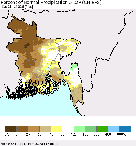 Bangladesh Percent of Normal Precipitation 5-Day (CHIRPS) Thematic Map For 9/11/2023 - 9/15/2023