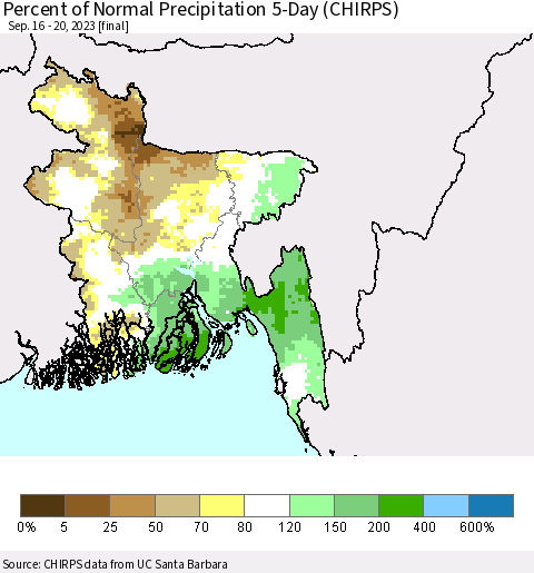 Bangladesh Percent of Normal Precipitation 5-Day (CHIRPS) Thematic Map For 9/16/2023 - 9/20/2023