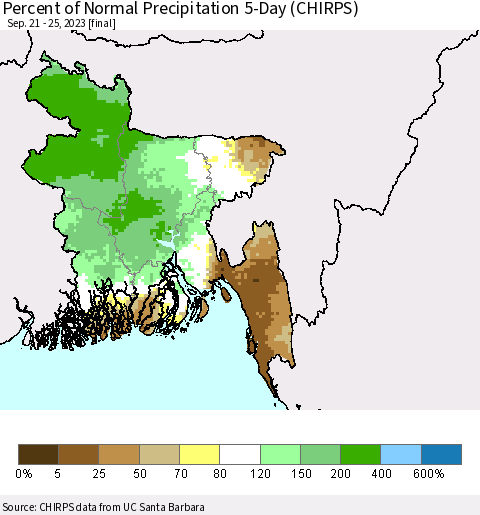 Bangladesh Percent of Normal Precipitation 5-Day (CHIRPS) Thematic Map For 9/21/2023 - 9/25/2023