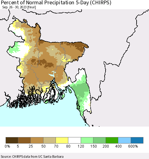 Bangladesh Percent of Normal Precipitation 5-Day (CHIRPS) Thematic Map For 9/26/2023 - 9/30/2023