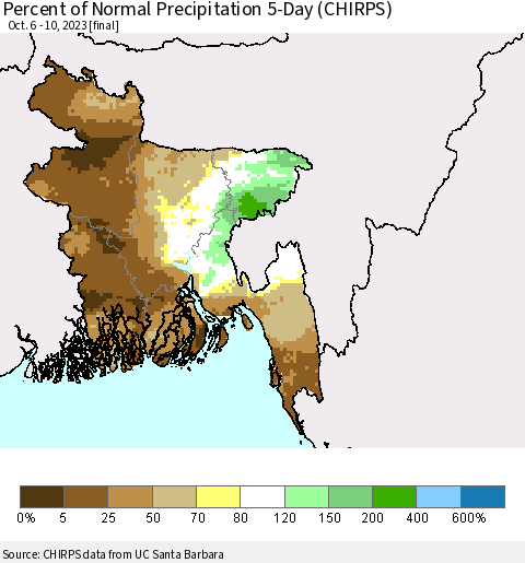 Bangladesh Percent of Normal Precipitation 5-Day (CHIRPS) Thematic Map For 10/6/2023 - 10/10/2023