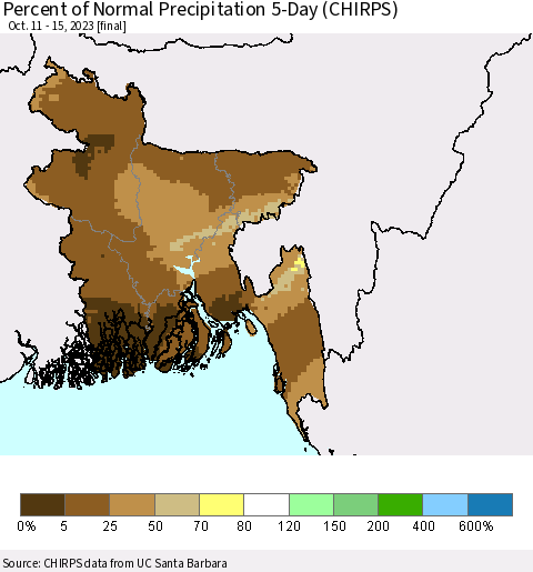 Bangladesh Percent of Normal Precipitation 5-Day (CHIRPS) Thematic Map For 10/11/2023 - 10/15/2023