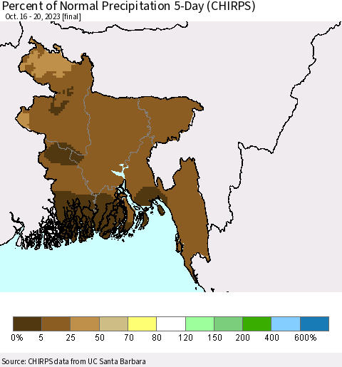 Bangladesh Percent of Normal Precipitation 5-Day (CHIRPS) Thematic Map For 10/16/2023 - 10/20/2023