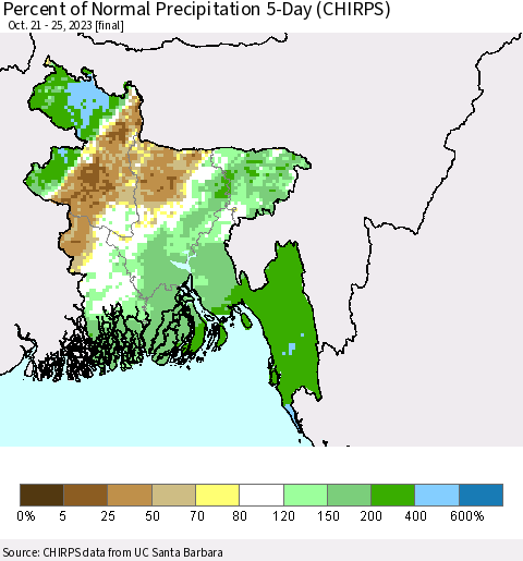 Bangladesh Percent of Normal Precipitation 5-Day (CHIRPS) Thematic Map For 10/21/2023 - 10/25/2023