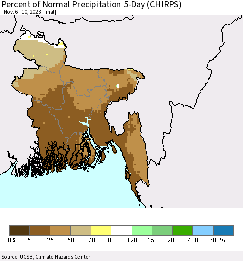 Bangladesh Percent of Normal Precipitation 5-Day (CHIRPS) Thematic Map For 11/6/2023 - 11/10/2023