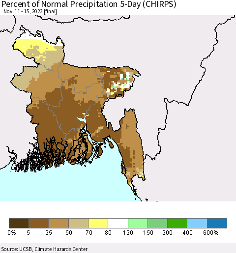 Bangladesh Percent of Normal Precipitation 5-Day (CHIRPS) Thematic Map For 11/11/2023 - 11/15/2023