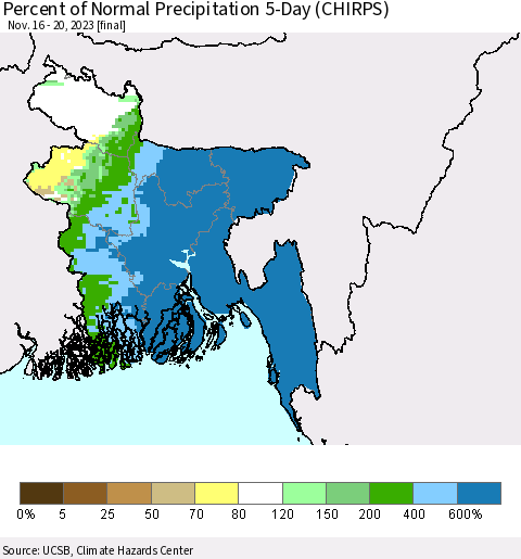 Bangladesh Percent of Normal Precipitation 5-Day (CHIRPS) Thematic Map For 11/16/2023 - 11/20/2023