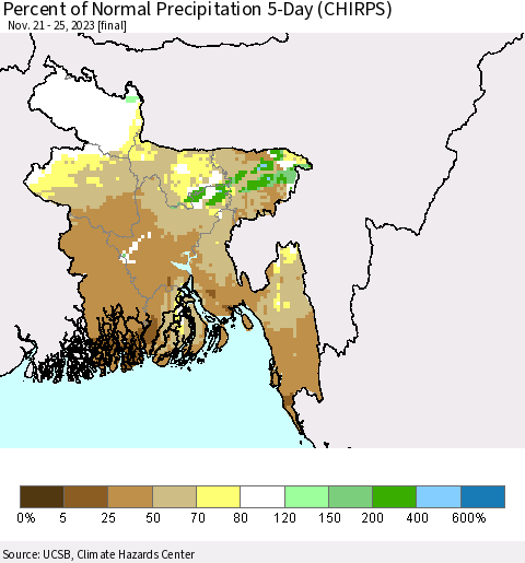 Bangladesh Percent of Normal Precipitation 5-Day (CHIRPS) Thematic Map For 11/21/2023 - 11/25/2023