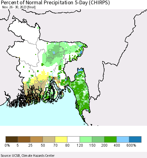 Bangladesh Percent of Normal Precipitation 5-Day (CHIRPS) Thematic Map For 11/26/2023 - 11/30/2023