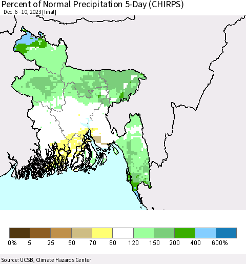 Bangladesh Percent of Normal Precipitation 5-Day (CHIRPS) Thematic Map For 12/6/2023 - 12/10/2023