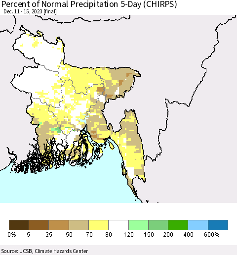 Bangladesh Percent of Normal Precipitation 5-Day (CHIRPS) Thematic Map For 12/11/2023 - 12/15/2023