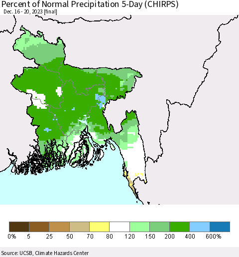 Bangladesh Percent of Normal Precipitation 5-Day (CHIRPS) Thematic Map For 12/16/2023 - 12/20/2023