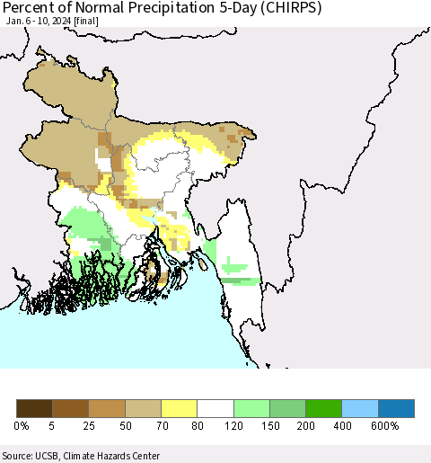 Bangladesh Percent of Normal Precipitation 5-Day (CHIRPS) Thematic Map For 1/6/2024 - 1/10/2024