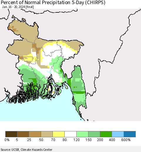 Bangladesh Percent of Normal Precipitation 5-Day (CHIRPS) Thematic Map For 1/16/2024 - 1/20/2024