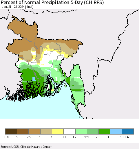 Bangladesh Percent of Normal Precipitation 5-Day (CHIRPS) Thematic Map For 1/21/2024 - 1/25/2024
