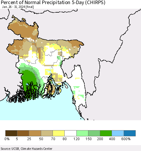 Bangladesh Percent of Normal Precipitation 5-Day (CHIRPS) Thematic Map For 1/26/2024 - 1/31/2024