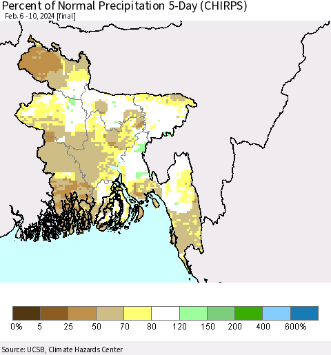 Bangladesh Percent of Normal Precipitation 5-Day (CHIRPS) Thematic Map For 2/6/2024 - 2/10/2024