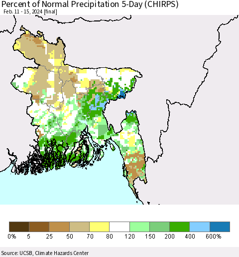 Bangladesh Percent of Normal Precipitation 5-Day (CHIRPS) Thematic Map For 2/11/2024 - 2/15/2024