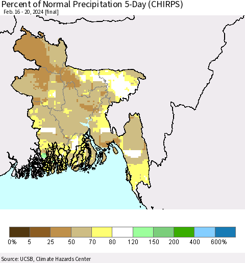 Bangladesh Percent of Normal Precipitation 5-Day (CHIRPS) Thematic Map For 2/16/2024 - 2/20/2024