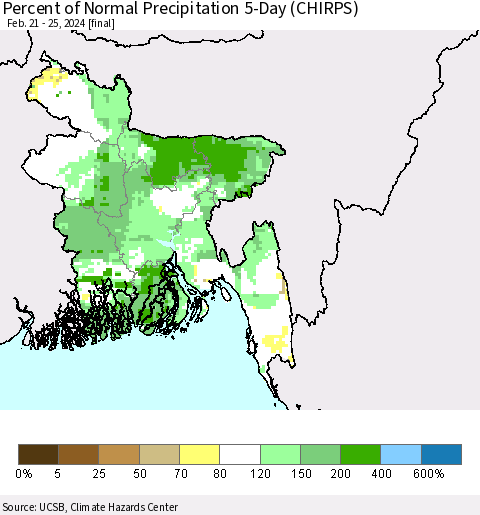 Bangladesh Percent of Normal Precipitation 5-Day (CHIRPS) Thematic Map For 2/21/2024 - 2/25/2024