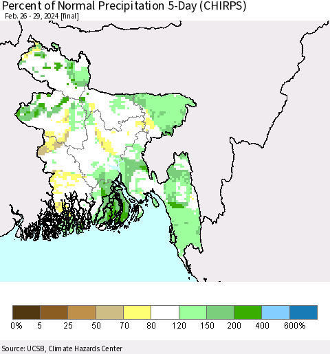 Bangladesh Percent of Normal Precipitation 5-Day (CHIRPS) Thematic Map For 2/26/2024 - 2/29/2024