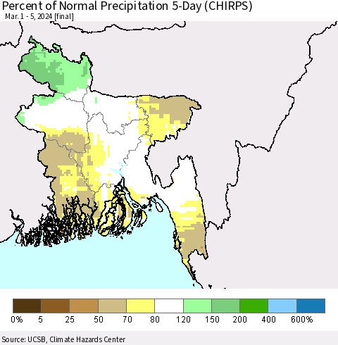 Bangladesh Percent of Normal Precipitation 5-Day (CHIRPS) Thematic Map For 3/1/2024 - 3/5/2024