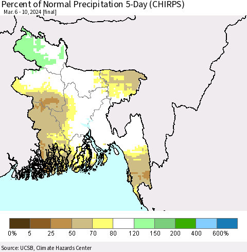 Bangladesh Percent of Normal Precipitation 5-Day (CHIRPS) Thematic Map For 3/6/2024 - 3/10/2024