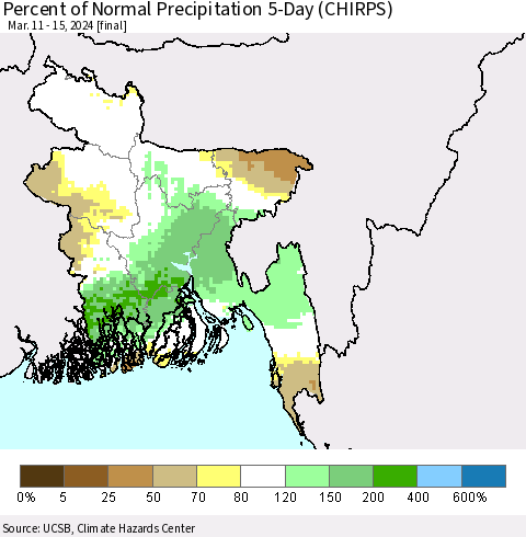 Bangladesh Percent of Normal Precipitation 5-Day (CHIRPS) Thematic Map For 3/11/2024 - 3/15/2024